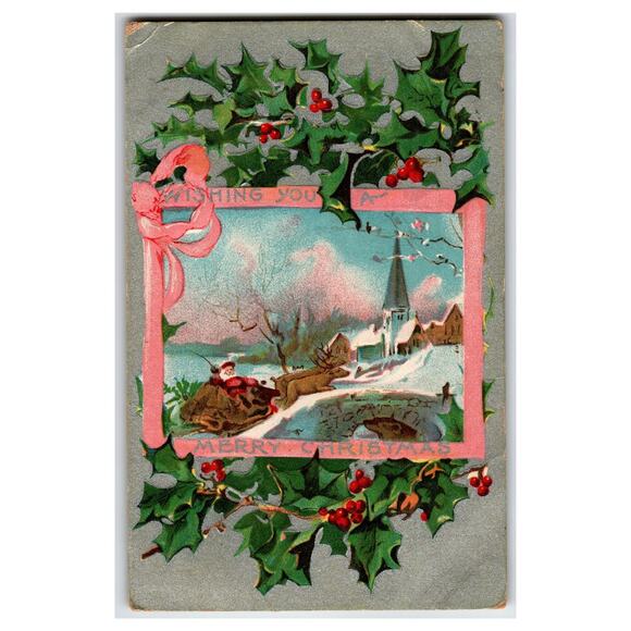 Christmas Postcards Other - Vintage 1919 Embossed Christmas Postcard Santa Sleigh Holly Berries